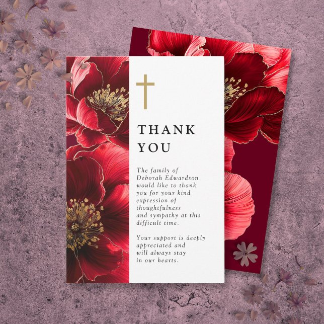 Tarjeta De Agradecimiento Celebración De La Vida De La Floral Cristiana Roja (Red Christian Floral Celebration Of Life Thank You Card)