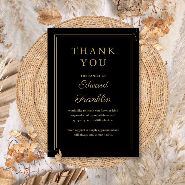 Tarjeta De Agradecimiento Celebración de la vida funeral negro y dorado (Black And Gold Celebration Of Life Funeral Thank You Card)