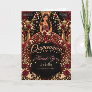 Tarjeta De Agradecimiento Celebración de Quinceañera Roja y Dorada