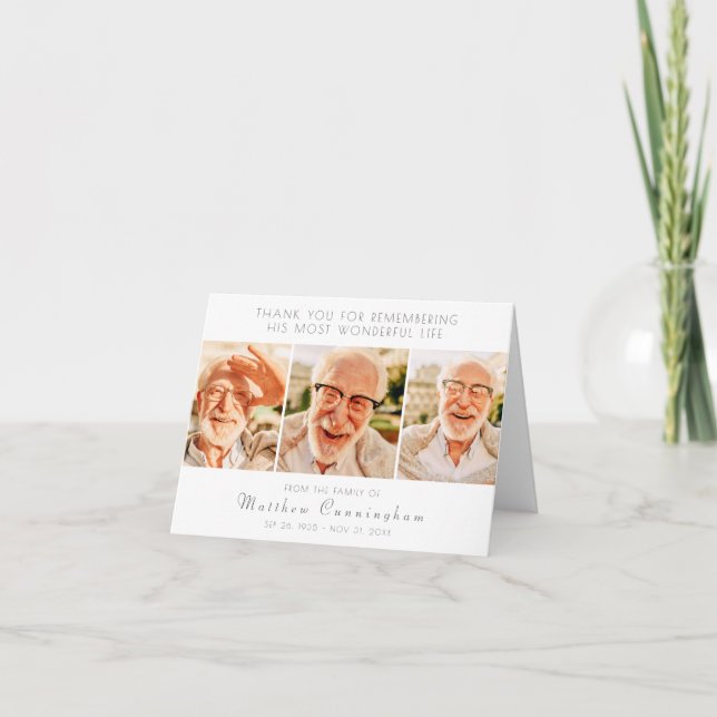 Tarjeta De Agradecimiento Celebración de su vida moderna y simple tres fotos (Anverso)
