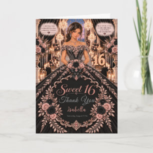 Tarjeta De Agradecimiento Celebración de Sweet 16 en negro y rosa oro