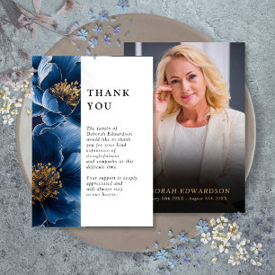 Tarjeta De Agradecimiento Celebración De Vida Floral Azul Marino Funeral Fot