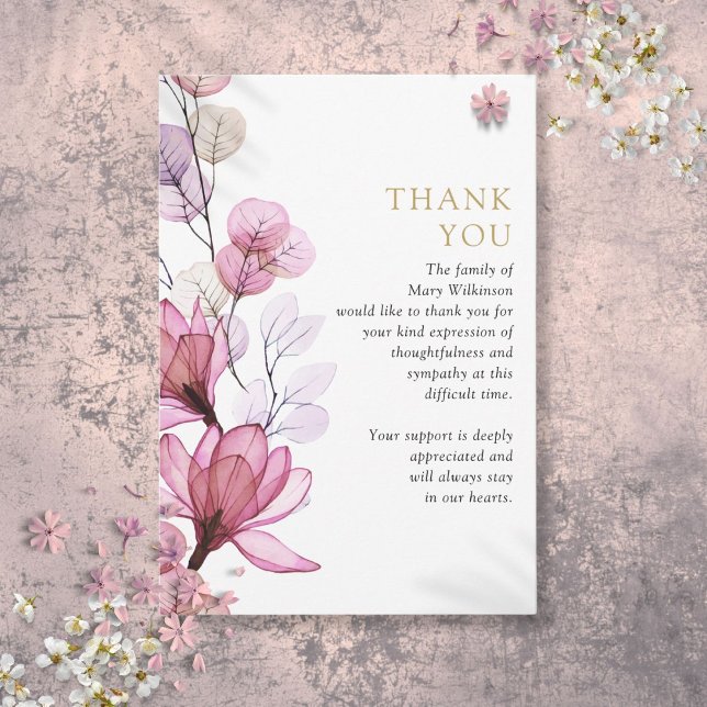 Tarjeta De Agradecimiento Celebración Del Funeral De La Vida En Memorial De  (Pink Floral Memorial Celebration Of Life Funeral Thank You Card)