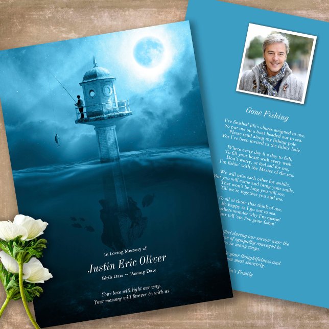 Tarjeta De Agradecimiento Celebración del funeral del pescador del océano (Sympathy Photo Celebration of Life, In Loving Memory, Forever in our Hearts Funeral thank you cards)