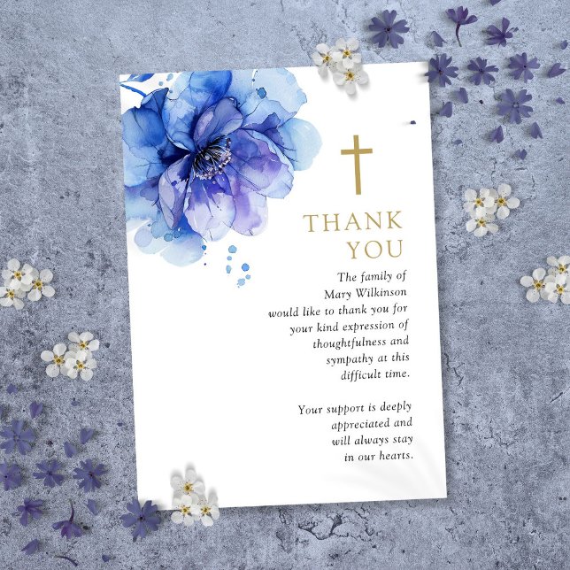 Tarjeta De Agradecimiento Celebración Funeral Cristiana de Floral Azul de Ce (Blue Floral Christian Celebration Of Life Funeral Thank You Card)