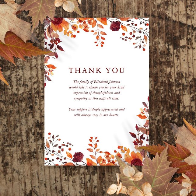 Tarjeta De Agradecimiento Celebración Rustica De Floral De Caída Del Funeral (Rustic Fall Floral Celebration Of Life Funeral Thank You Card)
