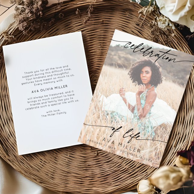 Tarjeta De Agradecimiento Celebration of Life Script Funeral Photo | White (Subido por el creador)