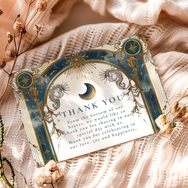 Tarjeta De Agradecimiento Celestial Art Nouveau Blue Gold Wedding (Subido por el creador)