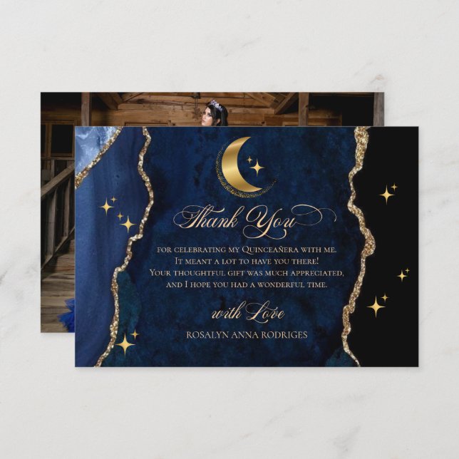 Tarjeta De Agradecimiento Celestial Blue Quinceanera Midnight Stars Moon  (Anverso / Reverso)