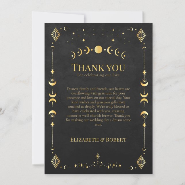 Tarjeta De Agradecimiento Celestial Gothic Black and Gold Wedding Thank You  (Anverso)