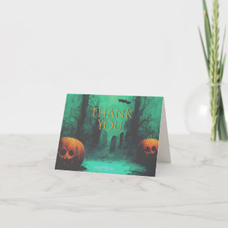 Tarjeta De Agradecimiento Cementerio y calabazas talladas Halloween