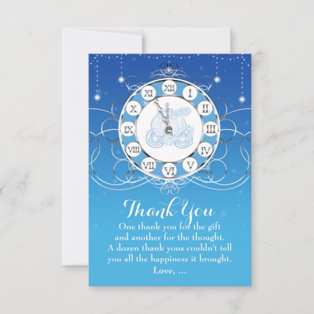 Tarjeta De Agradecimiento Cenicienta Casi Medianoche Plata y Azul Gracias (Anverso)