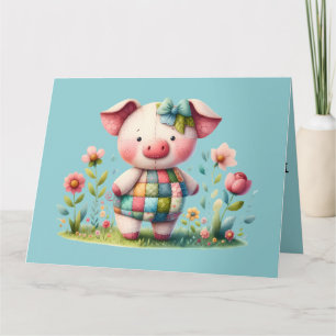Tarjeta De Agradecimiento Cerdo caprichoso de patchwork en jardín floral