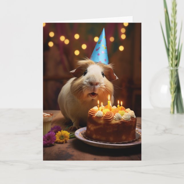 Tarjeta De Agradecimiento Cerdo de Guinea con un pastel de cumpleaños (Anverso)