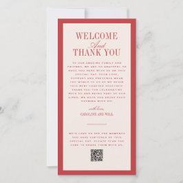 Tarjeta De Agradecimiento Ceremonia de Boda Rojo o Bienvenida a la Recepción