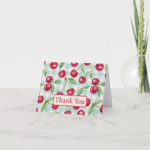 Tarjeta De Agradecimiento Cerezas Lindas sobre Cuadros de Gingham Acuático