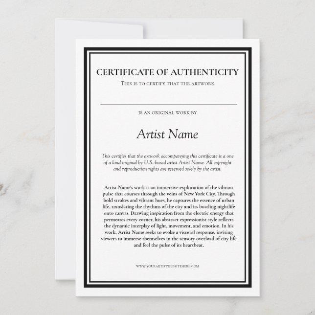 Tarjeta De Agradecimiento Certificado de Autenticidad con Declaración del Ar (Anverso)