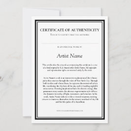 Tarjeta De Agradecimiento Certificado de Autenticidad con Declaración del Ar