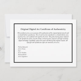 Tarjeta De Agradecimiento Certificado de autenticidad de la impresión de art