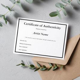 Tarjeta De Agradecimiento Certificado de autenticidad para el arte
