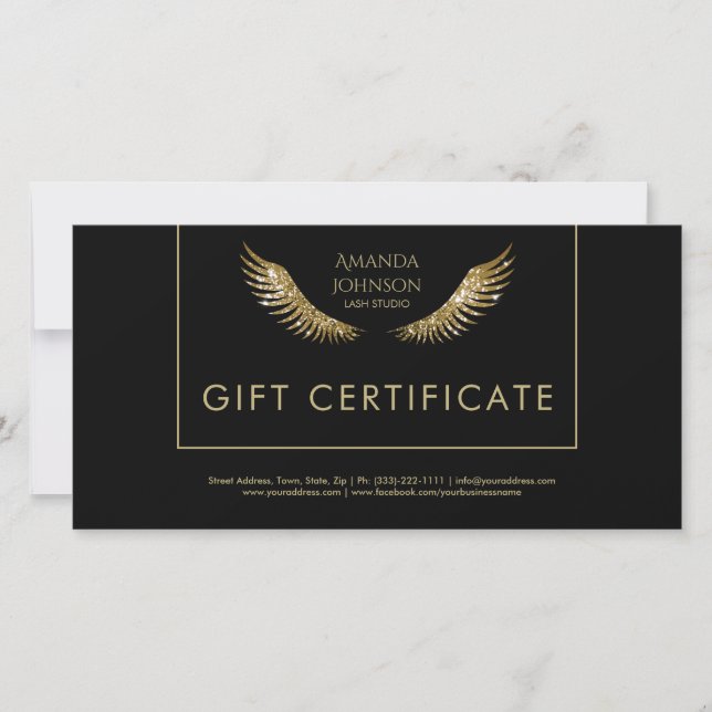 Tarjeta De Agradecimiento Certificado de regalo de Lash White Gold Wings Neg (Anverso)