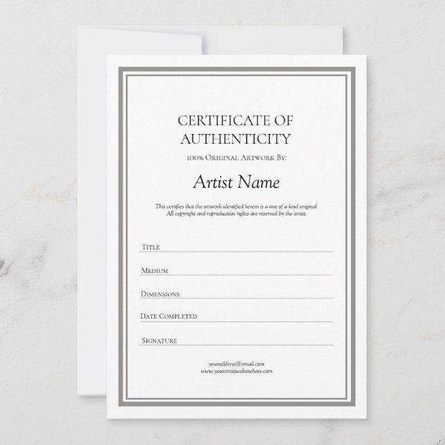 Tarjeta De Agradecimiento Certificado neutral de autenticidad para el arte (Anverso)