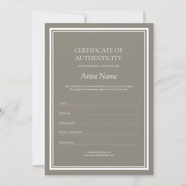 Tarjeta De Agradecimiento Certificado neutral de autenticidad para el arte (Anverso)