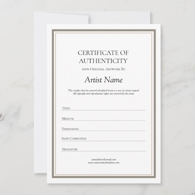 Tarjeta De Agradecimiento Certificado neutral de autenticidad para el arte (Anverso)