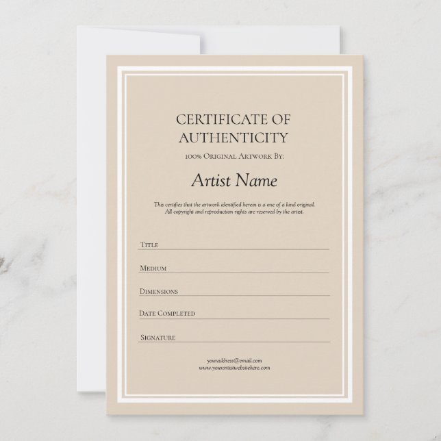 Tarjeta De Agradecimiento Certificado neutral de autenticidad para el arte (Anverso)