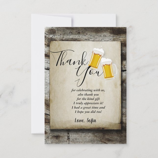 Tarjeta De Agradecimiento cerveza, vítores rústico país, carta de agradecimi (Anverso)