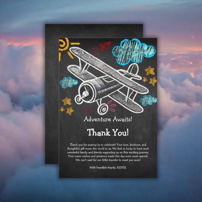 Tarjeta De Agradecimiento Chalkboard Adventure Await Airplane Baby Shower (Subido por el creador)