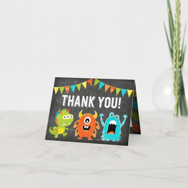 Tarjeta De Agradecimiento Chalkboard Cute Little Monsters Gracias (Anverso)