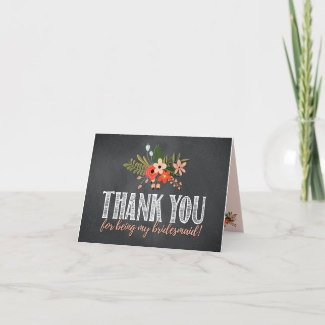 Tarjeta De Agradecimiento Chalkboard Floral Bridesmaid Gracias (Anverso)