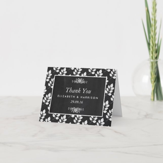 Tarjeta De Agradecimiento Chalkboard Floral Leaf Boda Gracias (Anverso)