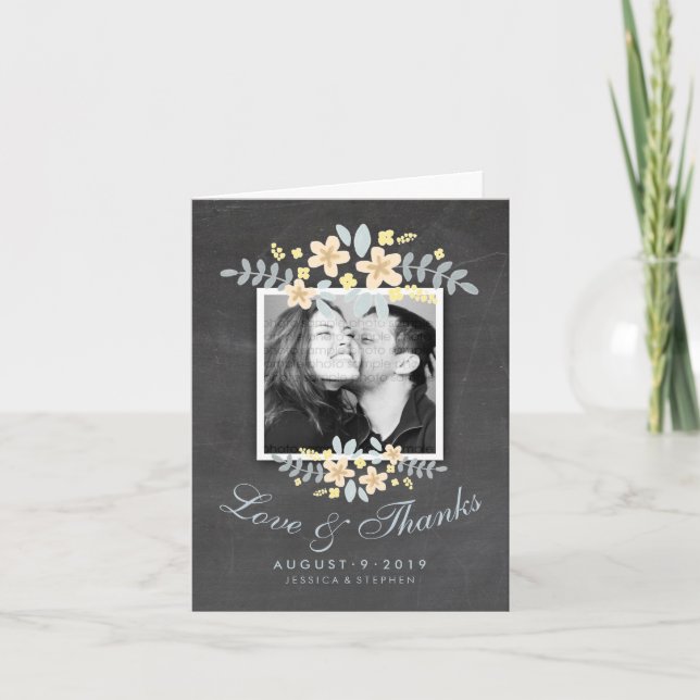 Tarjeta De Agradecimiento Chalkboard Floral Square Photo Love (Anverso)