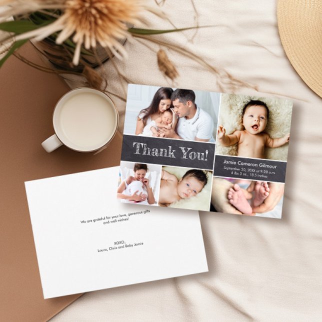 Tarjeta De Agradecimiento Chalkboard Fotos modernas Baby Shower Gracias (Baby shower thank you photo collage, chalkboard design.)
