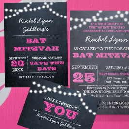 Tarjeta De Agradecimiento Chalkboard Lights Dark Pink Bat Mitzvah Gracias