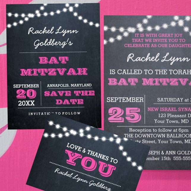 Tarjeta De Agradecimiento Chalkboard Lights Dark Pink Bat Mitzvah Gracias (Subido por el creador)