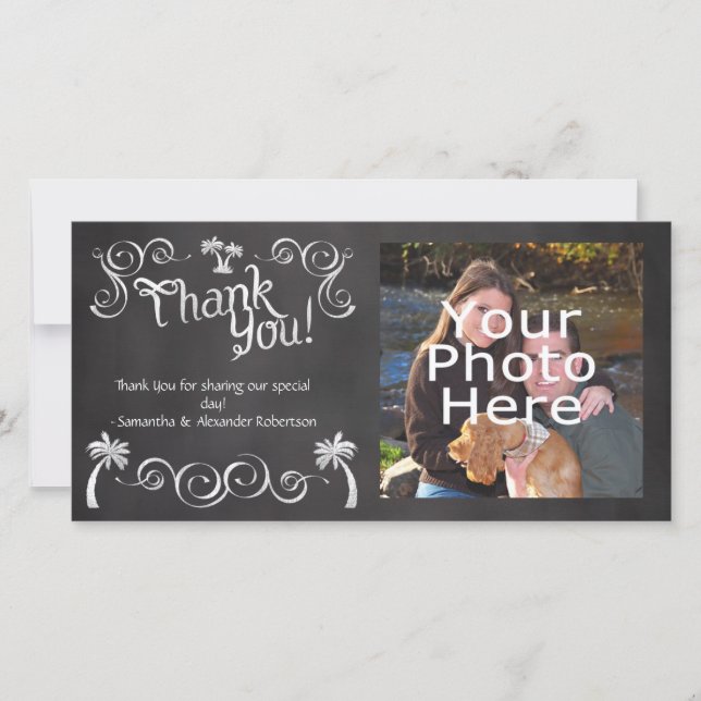 Tarjeta De Agradecimiento Chalkboard Palm Tree Beach Wedding Photo You (Anverso)