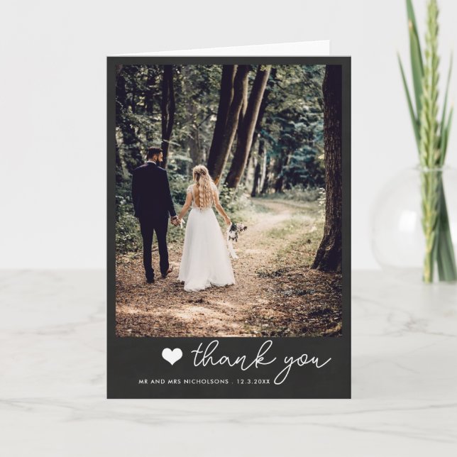 Tarjeta De Agradecimiento Chalkboard Pareja Boda Foto Gracias | Cursiva (Anverso)