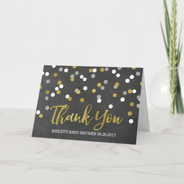 Tarjeta De Agradecimiento Chalkboard Silver Confetti Baby Shower Gracias (Anverso)