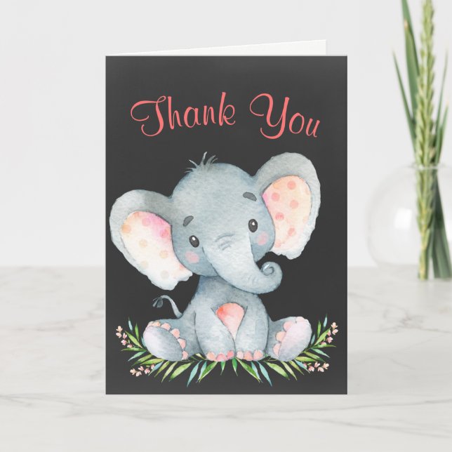 Tarjeta De Agradecimiento Chalkboard Watercolor Elephant Chica Gracias (Anverso)