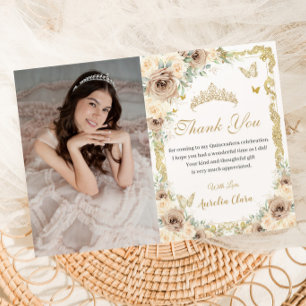 Tarjeta De Agradecimiento Champán Crema Floral Dulce Dieciséis Quinceañera