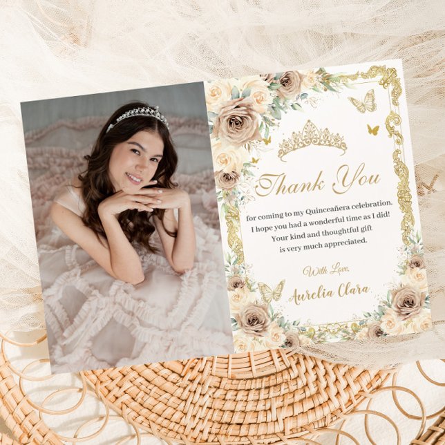 Tarjeta De Agradecimiento Champán Crema Floral Dulce Dieciséis Quinceañera (Subido por el creador)
