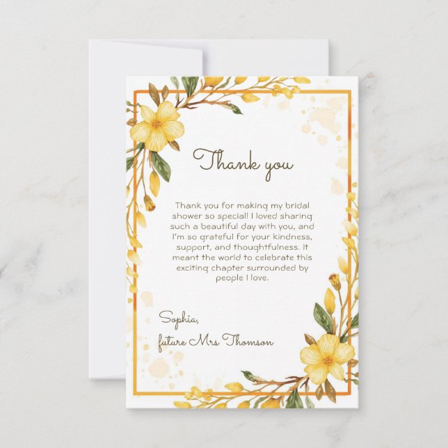 Tarjeta De Agradecimiento Champán Nupcial Floral Acuarela Amarillo Elegante (Anverso)
