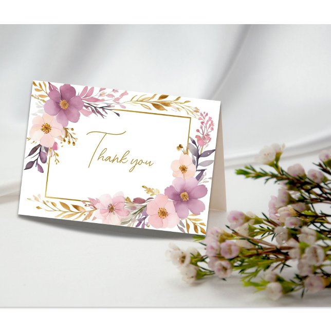 Tarjeta De Agradecimiento Champán Nupcial Floral Acuarela Rosa Purpura Dorad (Pink purple gold watercolor floral bridal shower wedding thank you card)