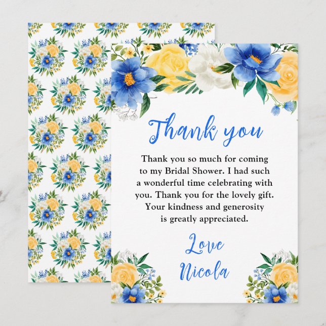 Tarjeta De Agradecimiento Champán Nupcial Floral Azul y Amarillo (Anverso / Reverso)