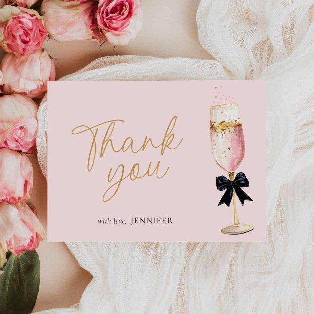 Tarjeta De Agradecimiento Champán Rosa Burbujeante Desayuno Nupcial (Pink Brunch and Bubbly Bridal Shower Thank you card)