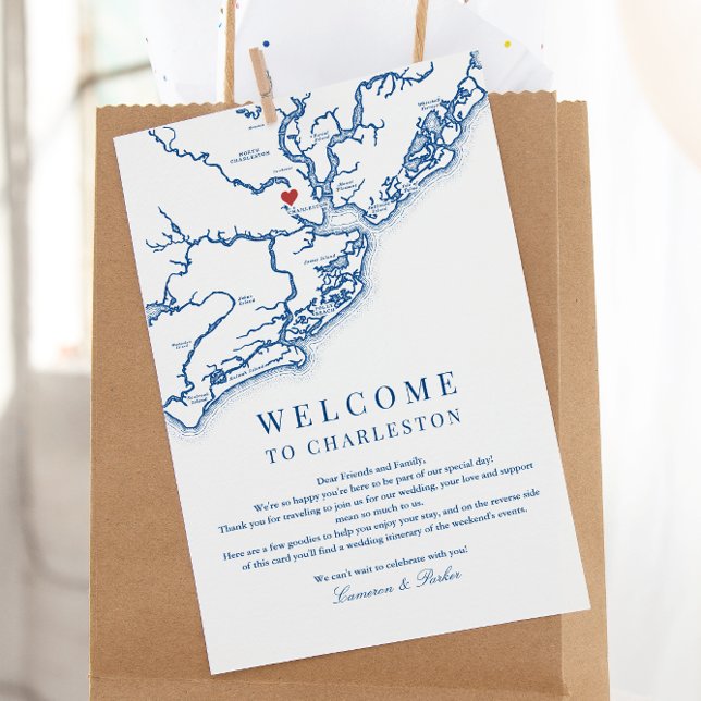 Tarjeta De Agradecimiento Charleston SC Boda Bienvenida Azul Marina Itinerar (Charleston SC Wedding Weekend Itinerary Schedule of events in Elegant navy blue )