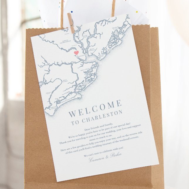 Tarjeta De Agradecimiento Charleston SC Boda Bienvenida Itinerary Dusty Blue (Charleston SC Wedding Weekend Itinerary Schedule of events in dusty blue from Coastal Map Designs)